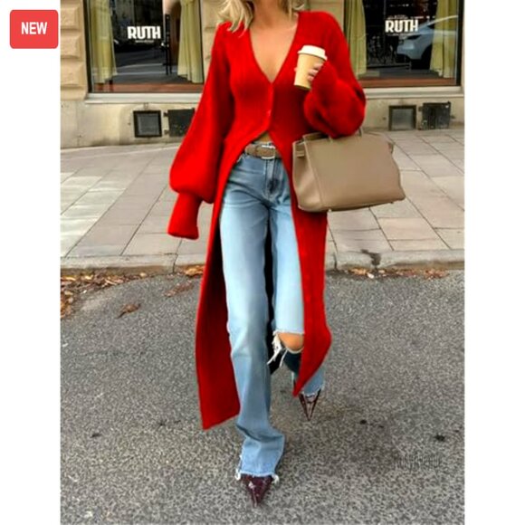 V-Neck Button Down Long Cardigan Chunky Knit Maxi Coat Sweater Dress - Picture 5 of 7